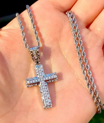 Collar Colgante Cruz Pepita Plata con Piedras Brillantes Intrincada Cadena Cuerda Foto 1 de 4