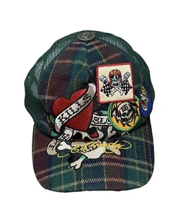 VTG DON ED HARDY Embroidered Love Kills Slow Flannel Tiger Skull Trucker Hat - Picture 1 of 6