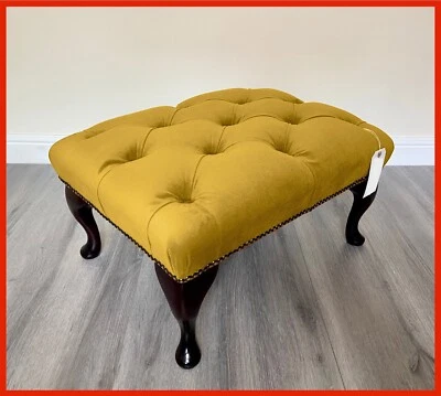 Chesterfield Queen Anne Button Yellow Velvet Footstool - Image 1 of 4
