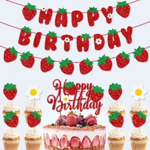 Banner de feliz cumpleaños brillante, adorno de pastel, suministros de decoración de fiesta de fresa para niñas - Imagen 1 de 8