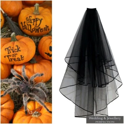 BLACK Wedding Gothic HALLOWEEN Veil Edge Comb Elbow Length Fancy Dress Party 2T - Image 1 of 4