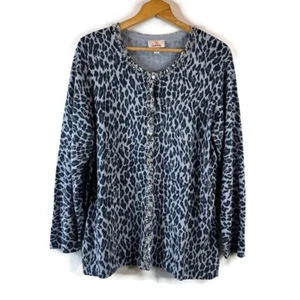Quacker Factory Womens Cardigan Sweater Size 1X Blue Leopard Rhinestone Beaded - Picture 1 of 13
