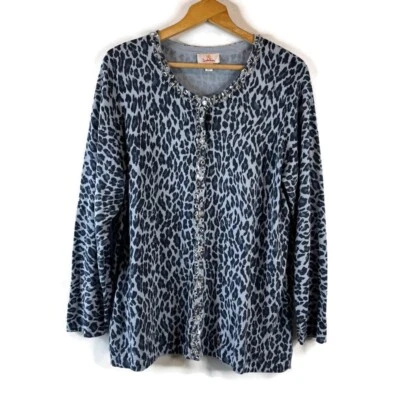 Quacker Factory Womens Cardigan Sweater Size 1X Blue Leopard Rhinestone Beaded - Image 1 of 4