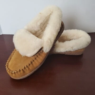 "Novo" Land’s End Tan Shearling Camurça Mocassim Chinelos Casa Sapatos Femininos Tamanho 6 - Imagem 1 de 4