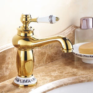 Gold Polished Brass Porcelain Bathroom Single Handle Sink Faucet Basin Mixer Tap - Picture 1 of 5
