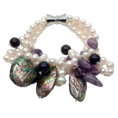 Brazalete 3 filas de agua dulce concha de abulón amatista perlas blancas 8" Foto 1 de 4