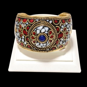Pearl, Onyx & Red Coral Gemstone Tibatan Antique Handmade Women Cuff Bangle - Picture 1 of 1