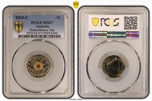2015 Remembrance Day $2 'C' Mintmark Orange Coloured  Coin PCGS MS67 Graded - Bild 1 von 3