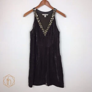 Boston Proper Velvet Dress XS Brown Silk Embellished Collar Short - Picture 1 of 5