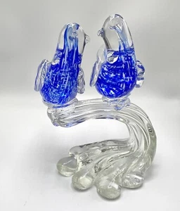 Italian Two Blue Doves Birds Art Glass Figurine Sculpture 6x7 - Picture 1 of 12