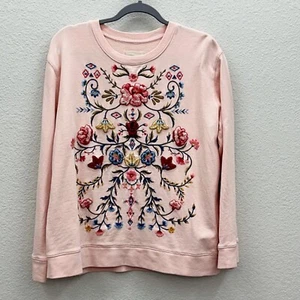 Driftwood Teddy rosa Blumen bestickt Baumwolle Rundhalsausschnitt Sweatshirt Damen Large - Bild 1 von 10