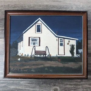 1980s Folk Art Painting By Carol Sines House Acrylic Or Oil On Canvas MW 11x9" - Picture 1 of 12