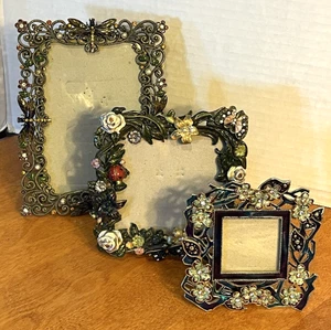 Lot of 3 Picture Frames Enamel Ornate Elegant Rhinestone Crystal Floral Metal - Picture 1 of 14