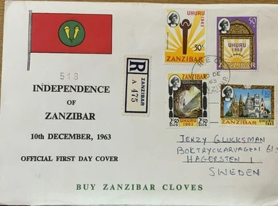 1963 Zanzibar Independence FDC – British Era, 3 Printing Errors, Rare Registered Foto 1 de 4