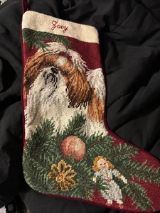 Vintage Weihnachten Nadelspitze Strumpf Wolle komplettes Kit Handarbeit EUC Hund Shitsuoe - Bild 1 von 7