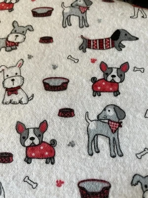 Puppies Dog  White Flannel Fabric  Red Accents Cute . 1 Yard + 10”By 44” Wide - Image 1 of 4