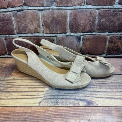 Karen Scott Wedge Espadrille Sandal Tan/Beige Slip On Straps Bow Sz 7.5 BOHO - Image 1 of 4