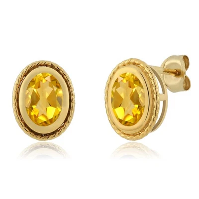 1.20 Ct Oval Shape Yellow Citrine Yellow Gold Plated Silver Stud Earrings - Image 1 of 2