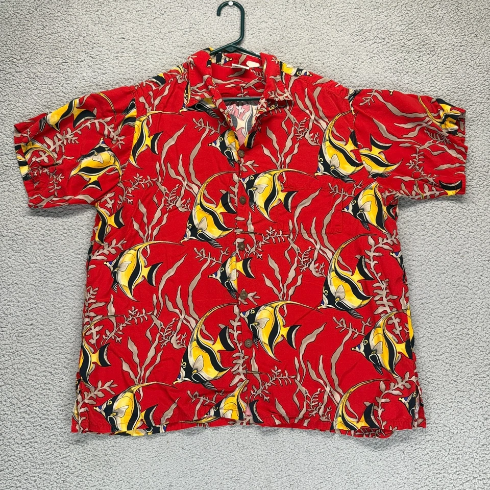 Camisa De Colección Go Barefoot Roja Amarilla Para Hombres L Pez Ángel Arrecifes Hawaiana Abotonada Foto 1 de 4