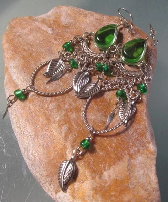Peruvian metal ethnic green glass beads drop earrings. UK shipping. - Image 1 of 4