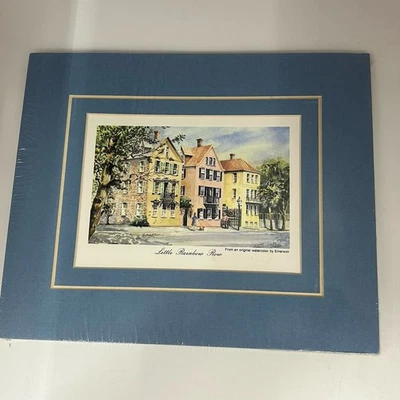 Print From Original Watercolor by Emerson Little Rainbow Row blue matted 9"x7.5" — 第 1/4 张图片