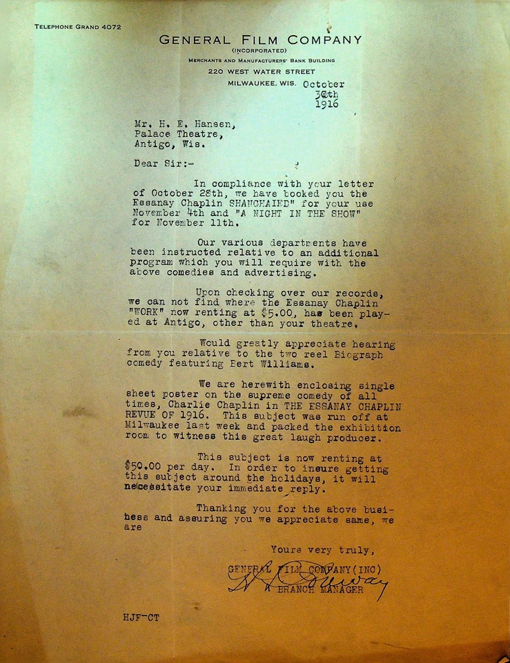 General Film Letterhead October 30 1916 Charlie Chaplin Shanghaied Night in Show - Image 1 of 1