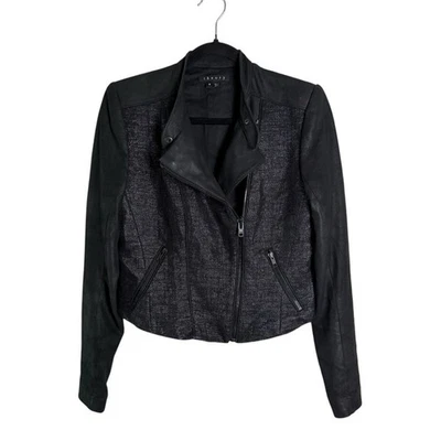 Theory Black Scheli Cross Hatch Silk Goat Leather Moto Jacket Size 8 B0602101 - Image 1 of 4