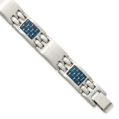 Mens 8.5" Stainless Steel Brushed with Blue Carbon Fiber Inlay Bracelet - Image 1 of 4