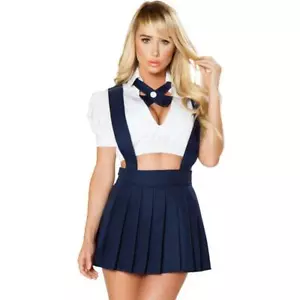 School Girl Costume Uniform Crop Top Collar Pleated Mini Skirt Suspenders 4754 - Picture 1 of 4