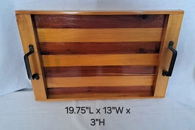 SERVING TRAY WITH METAL HANDLES - WOOD INLAY PATTERN - HANDMADE ONE OF A KIND - Image 1 of 4