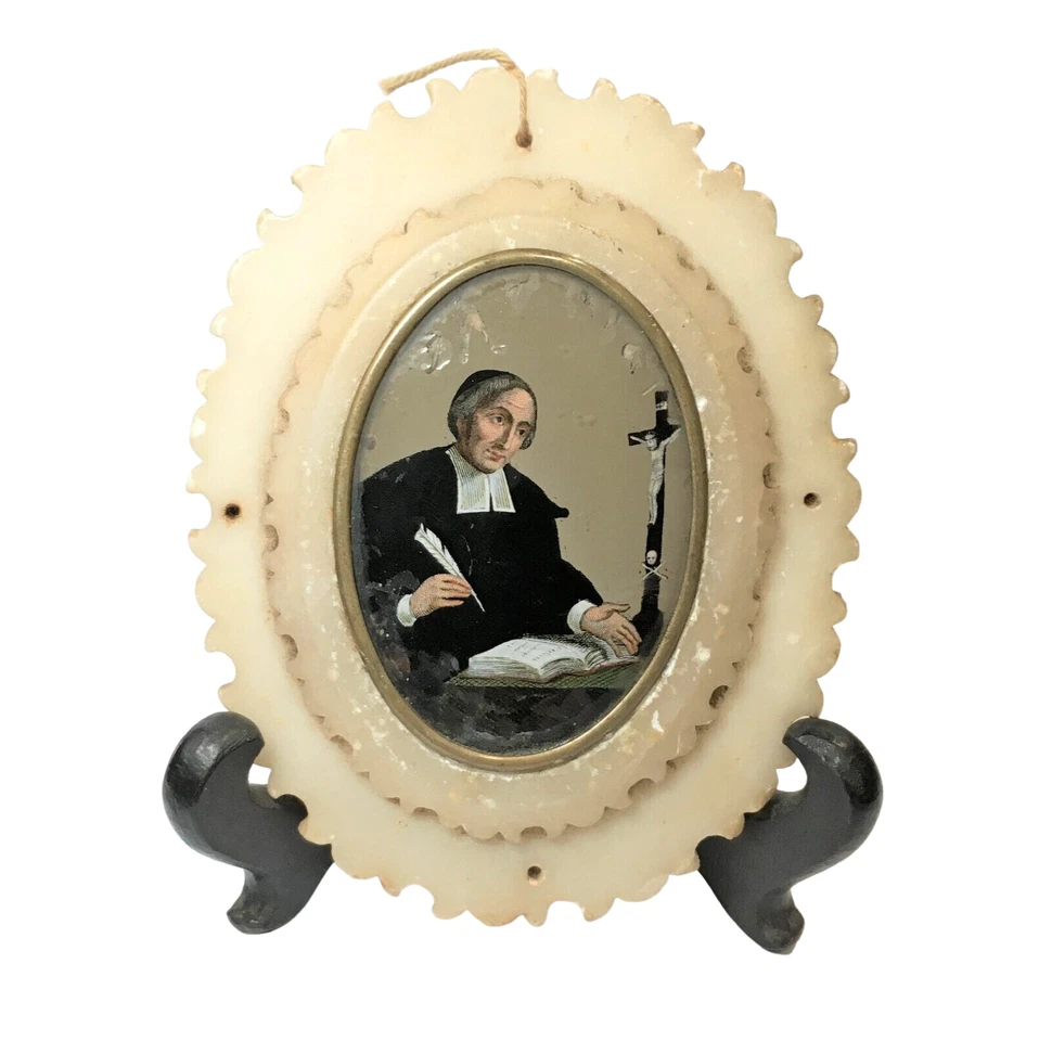 Pintura en miniatura sobre vidrio en reverso, marco de alabastro, c. 1800 erudito, pastor Foto 1 de 4
