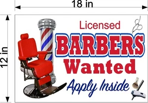 LETRERO DE PVC 12"" X 18"" CON LICENCIA BARBEROS BUSCADOS EMPLEO SALÓN DE BELLEZA ESTILISTA - Imagen 1 de 2