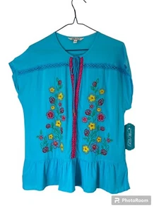Pioneer Woman Women's Blouse S Tunic Embroidered Ruffle Hem Boho Fiesta - Picture 1 of 9
