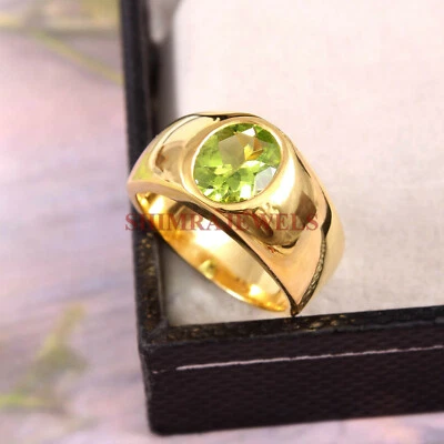 Anel masculino de prata esterlina 925 folheado a ouro pedra preciosa peridoto natural #209 - Imagem 1 de 3
