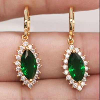 2Ct Marquise Lab-Created Green Diamond Dangle Earrings 14K Yellow Gold Plated - Image 1 of 3