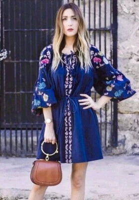 Vestido ZARA Medio Azul Algodón Lino Bordado Borla Caftán Largo Midi Foto 1 de 4