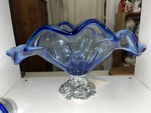 EXCELLENT VINTAGE MURANO ART GLASS BLUE CRYSTAL ITALY--15" SILVER FOOTED BOWL - Picture 1 of 5