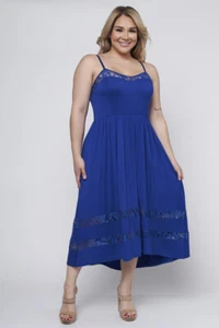 Vestido sin solero midi azul real talla grande para mujer 2X correa de espagueti con acento de encaje - Imagen 1 de 3