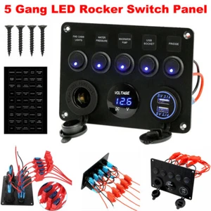 Car Marine Boat 5-Gang Waterproof Circuit Blue LED Rocker Switch Panel 12V 24V - Picture 1 of 11