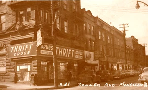 RPPC Postcard Monessen Pennsylvania PA Donner Ave. Thrift Drugs Store Shops Cars - Picture 1 of 4