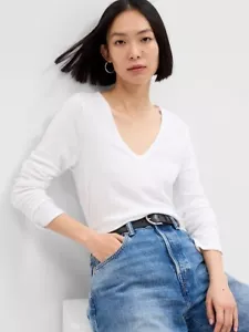 GAP Favorite V-Neck T-Shirt Top Long Sleeve WHITE, BLACK, BLUE or GRAY  NEW M-XL - Picture 1 of 15