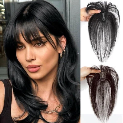 Clip in Bangs Topper 100% Remy Cabello Humano 360° 3D Wispy Falso Bangs Negro Marrón X Foto 1 de 4