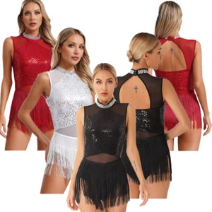 Womens Costume Mesh Dancewear Rhinestone Dress Ballroom Clubwear Dance Unitards - Picture 1 of 49