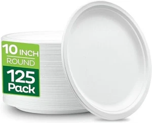 100% Compostable Bagasse Plates, Heavy Duty Disposable 125-Pack Plates - 10 Inch - Picture 1 of 7