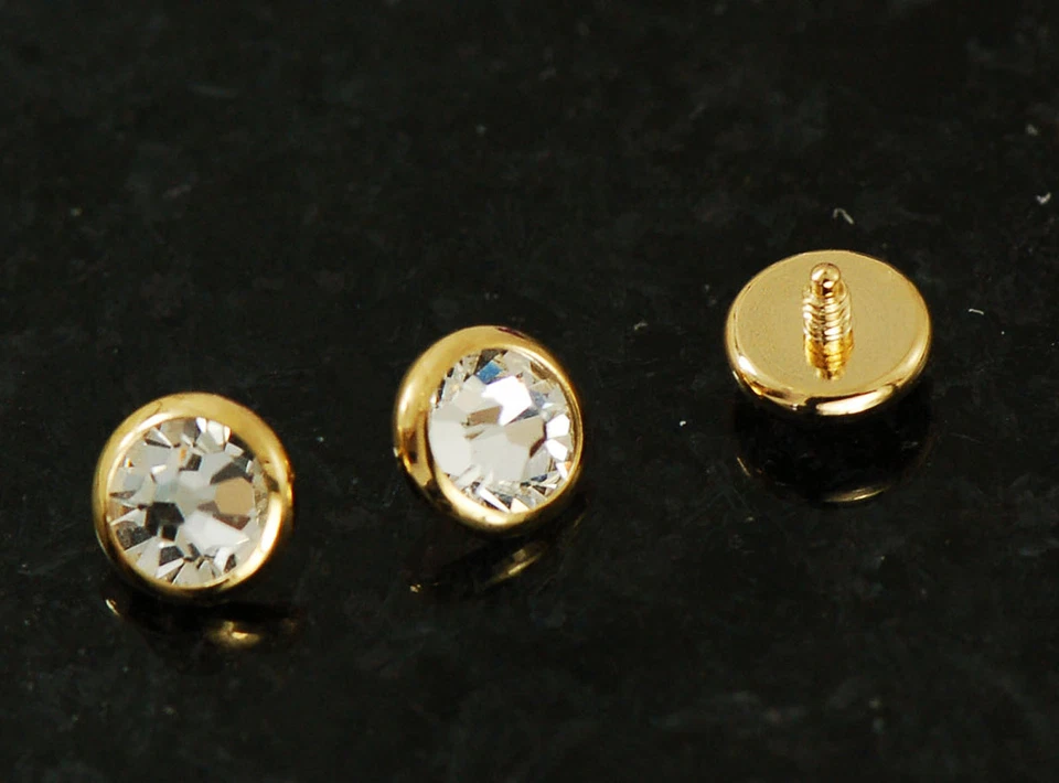 3 Pc 14g 4mm 14K Gold Plated On Surgical Steel W/ Clear CZ Flat Dermal Heads Top - Image 1 of 1