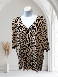 Vintage Davi & Dani Gr. 1X Semi Crinkle V-Ausschnitt Bluse beige/schwarz Animal Print. NS-25 - Bild 1 von 10