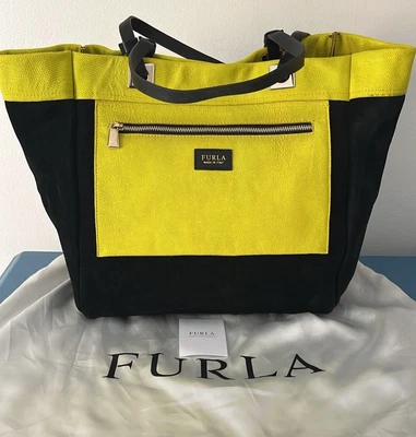 FURLA сделано в Италии замши кожаная Дамская сумка сумка с короткими ручками желтый черный большой - Изображение 1 из 4