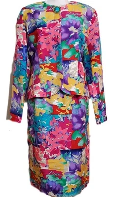 Anne Crimmins for UMI Collections vtg silk floral straight skirt blazer suit 8 - Image 1 of 4