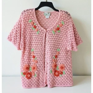 April Cornell Crochet Cardigan Pink Embroidered Floral Size Large - Picture 1 of 7