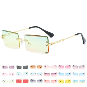 Retro Rimless Rectangle Sunglasses 90s Trendy Stylish Square Candy Color Glasses - Picture 1 of 29